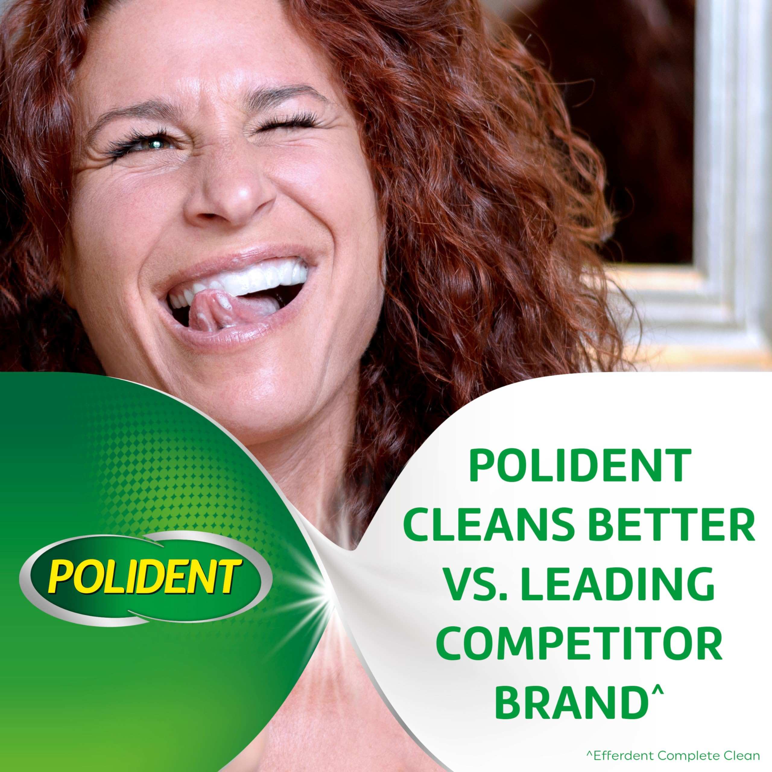 Woman smiling to show clean dentures with Polident logo and text and Polident 3 minute denture cleanser tablets