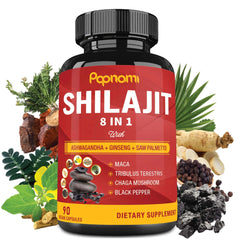 Papnami Shilajit extract capsules 8 in 1 dietary supplement bottle with ashwagandha ginseng herbs