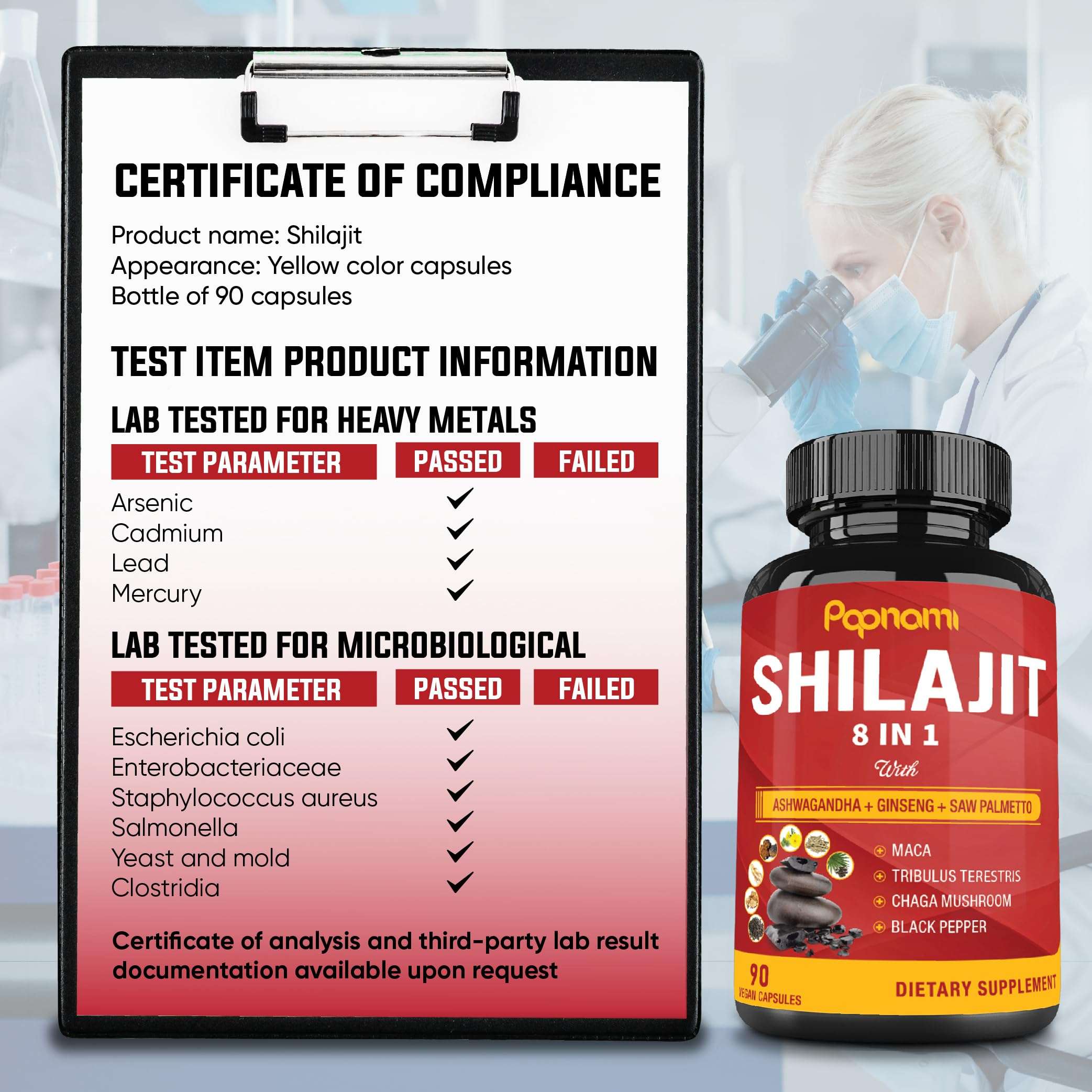 Papnami bottle of Shilajit extract capsules beside a certificate of compliance showing lab tested results