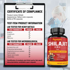 Papnami bottle of Shilajit extract capsules beside a certificate of compliance showing lab tested results