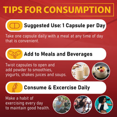 Papnami infographic showing tips for consumption suggested use add to meals and exercise with Shilajit extract capsules