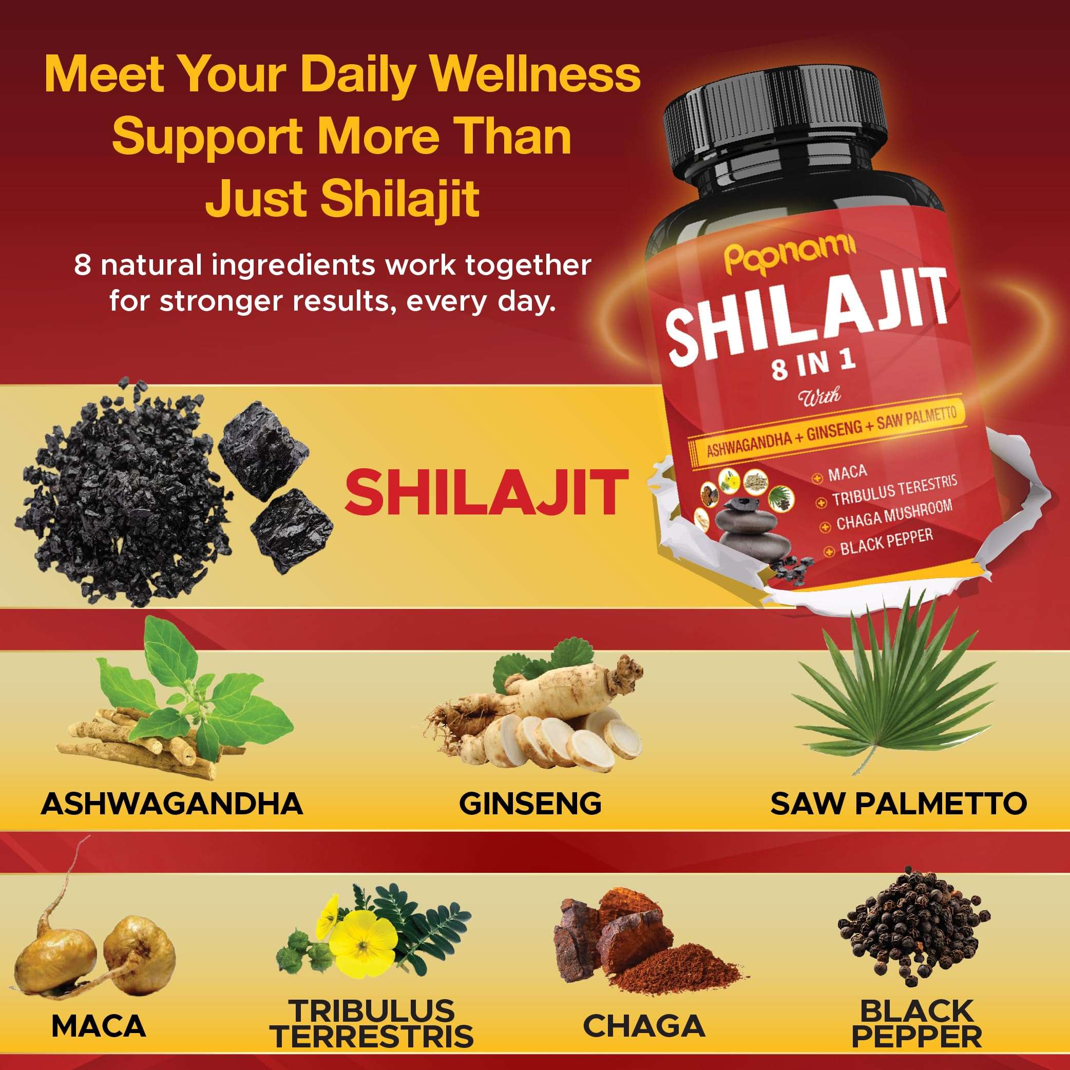 Papnami Shilajit 8 in 1 bottle with herbs Ashwagandha Ginseng Saw Palmetto Maca Chaga Black Pepper Shilajit extract capsules