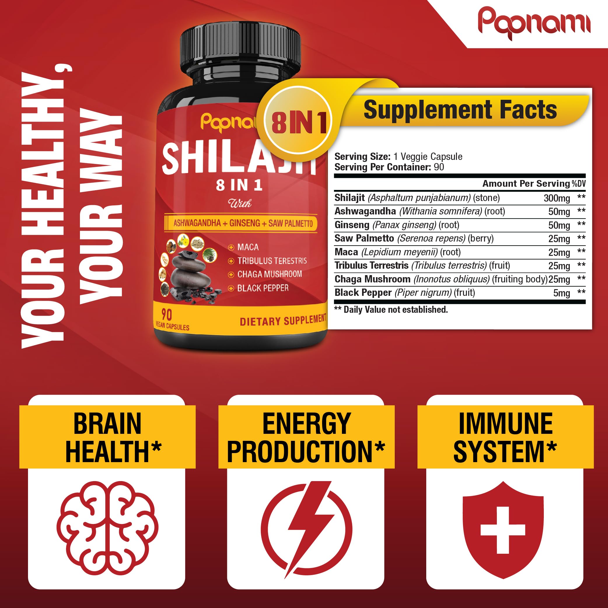 Papnami Shilajit 8 in 1 supplement bottle and facts panel highlighting brain health energy immune benefits Shilajit extract capsules