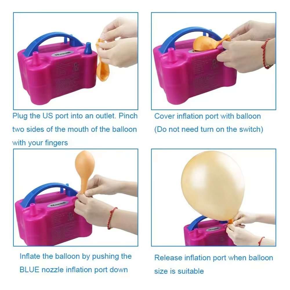 Huitich electric portable balloon pump in pink used as a portable balloon inflator for parties inflating yellow balloon