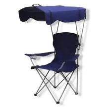 Folding portable beach chair with navy seat, side canopy, and padded armrests