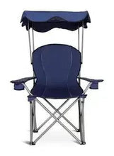 Folding beach chair with navy padded seat back, armrests, and adjustable canopy