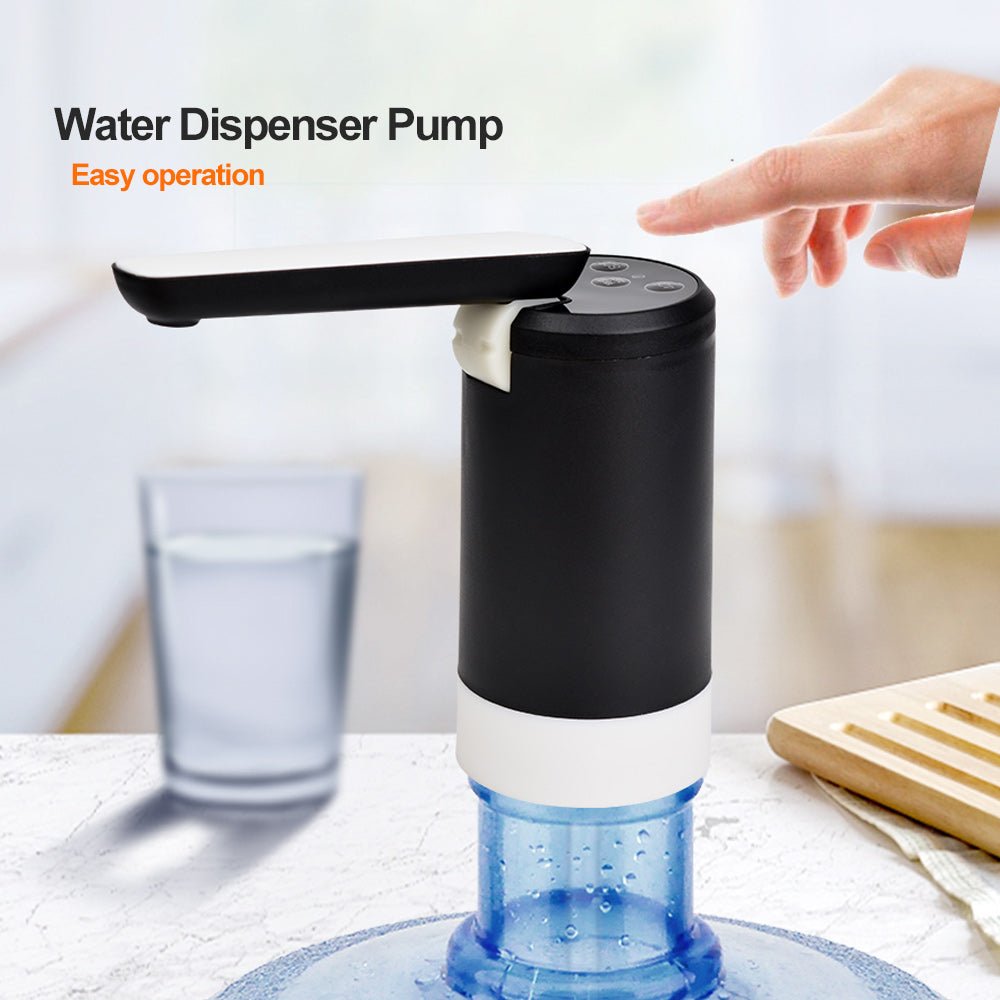 Huitich portable electric water dispenser pump in black being operated with a finger pressing the top button