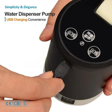 Electric water dispenser pump with top control buttons being pressed by hand