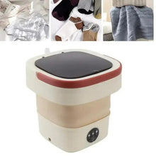 Portable foldable washing machine with closed dark lid, red edge, circular control panel