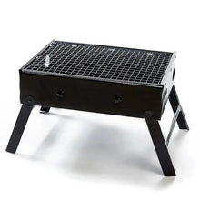 Portable folding BBQ grill with metal grate and four folding legs, black