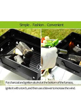 Folding BBQ grill showing charcoal tray with open top and small flames, black