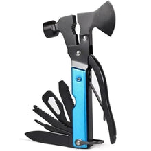 Folding multifunction hammer tool with blue handle and multiple bit attachments