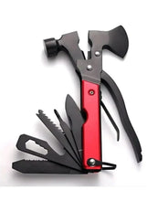 Folding multifunction hammer tool with red handle and multiple bit attachments