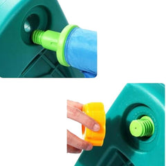 Close-up of portable football goal for kids parts showing plastic blue net attachment and yellow screw cap