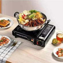 Portable gas stove with metal burner ring and foldable pot supports, black base