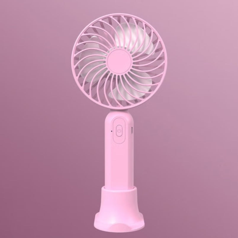 Huitich portable handheld fan pink with circular blades and compact design on matching stand