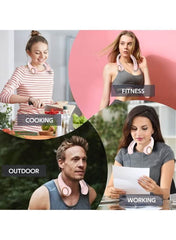 Huitich portable hands free neck fan worn by people cooking, exercising, working, and outdoors