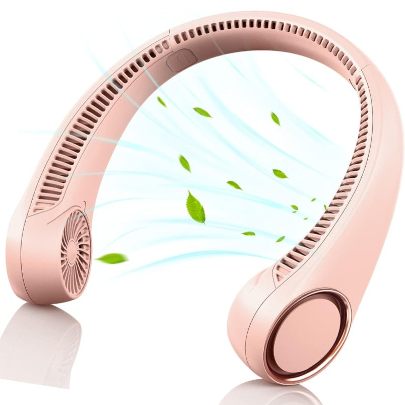 Huitich portable hands free neck fan in pink bladeless design with airflow and floating green leaves