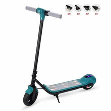 Kids portable scooter, teal handlebar and deck, black frame, front and rear wheels