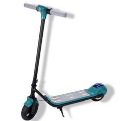 Huitich portable kids scooter with hand brake in teal and black with LED lights on deck