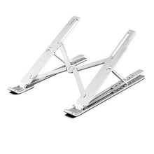 Portable adjustable laptop stand with two white support arms and rubber feet
