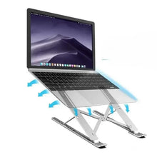 Adjustable laptop stand with metal legs and blue airflow arrows under laptop