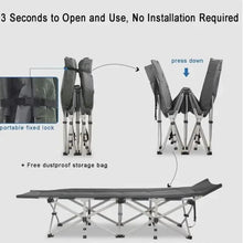 Folding cot with press-down lock mechanism and storage bag diagram
