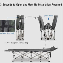 Huitich folding camping cot shown folded and fully opened as portable outdoor bed with easy setup