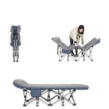 Folding camping cot set with grey seat fabric, adjustable legs, and carrying bag