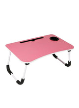 Pink portable laptop desk with angled platform, device slot, and round cup holder