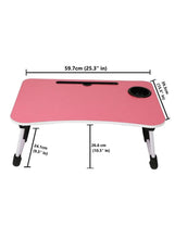 Pink portable laptop desk with black grip feet, foldable legs, and device slot