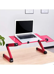 Red aluminum folding laptop table by Huitich with adjustable legs and a laptop on top