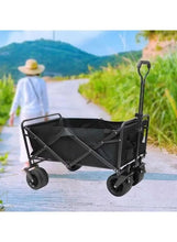 Foldable portable wagon with black fabric sides and four large wheels