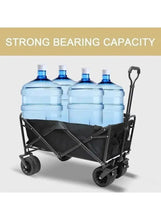 Foldable wagon carrying four blue water bottles with black fabric bed and wheels