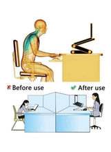 Portable laptop table with health sit/stand infographic and tablet-style tray