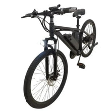 Electric bicycle with black frame, front suspension, and disc brakes, side view