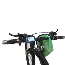 Electric bicycle handlebar with display and green storage bag attached