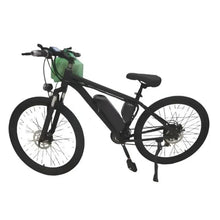 Electric bicycle with black frame and front suspension, side view with lights