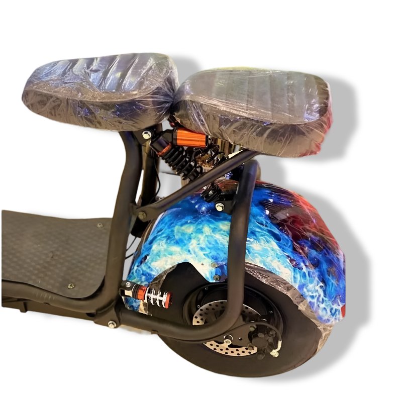 Winner sky powerful electric scooter with fat tires featuring dual cushioned seats and vibrant blue flame design