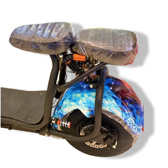 Winner sky powerful electric scooter with fat tires featuring dual cushioned seats and vibrant blue flame design