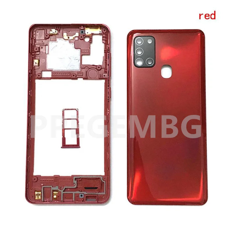 Red glossy Samsung Galaxy A21s back cover replacement with camera cutouts fingerprint sensor opening and inner frame