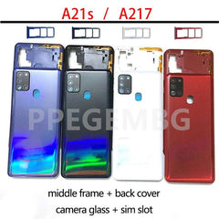 Samsung Galaxy A21s back cover replacement set with middle frame camera glass sim slot in blue black white red