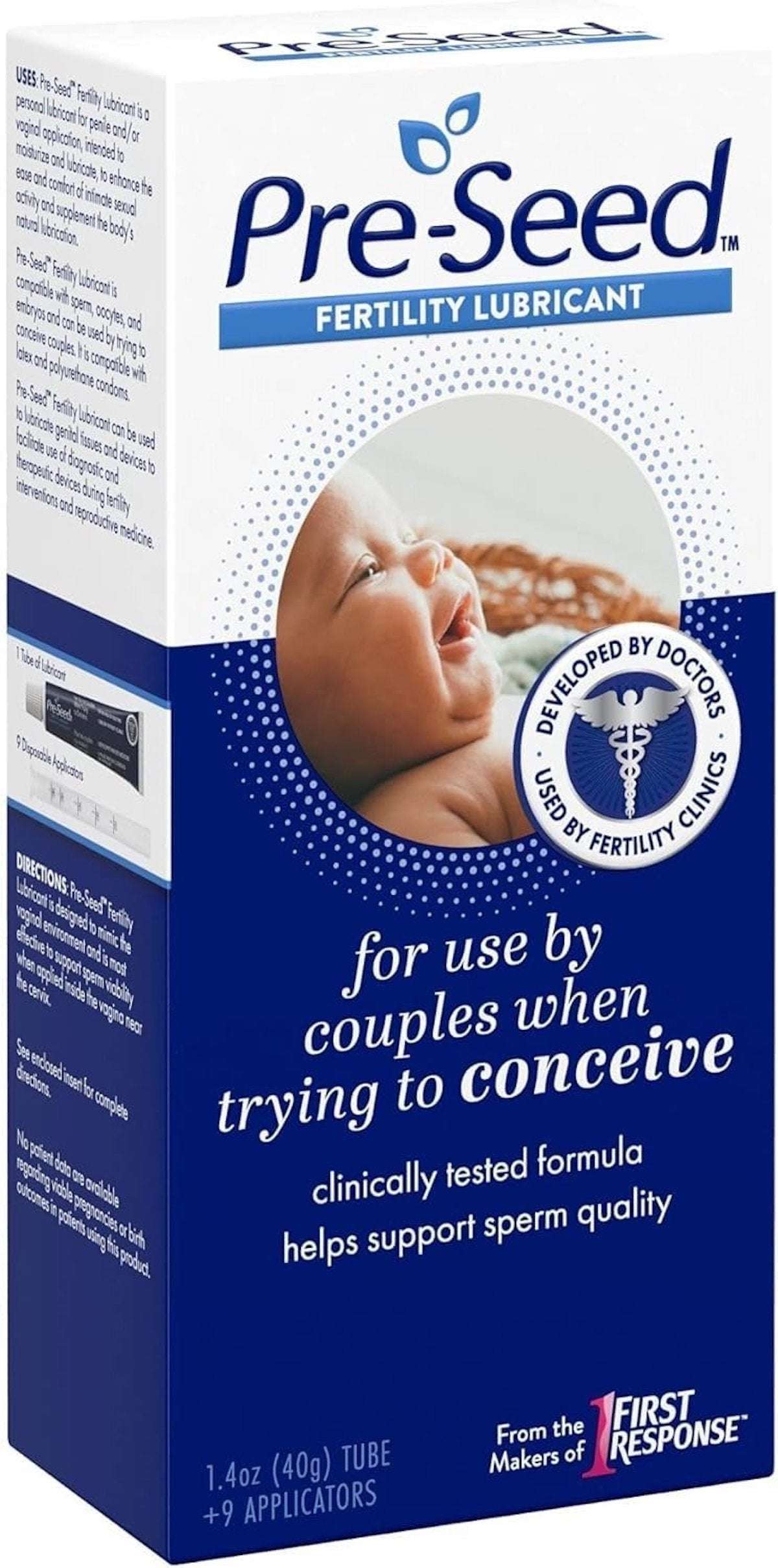 Pre Seed fertility lubricant box showing baby photo and text for couples trying to conceive fertility friendly lubricant