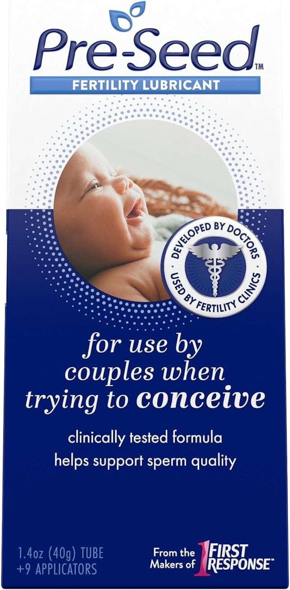 PreSeed fertility friendly lubricant box with baby image and label for couples trying to conceive