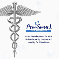 Pre-Seed fertility friendly lubricant logo with caduceus medical symbol and clinical claim