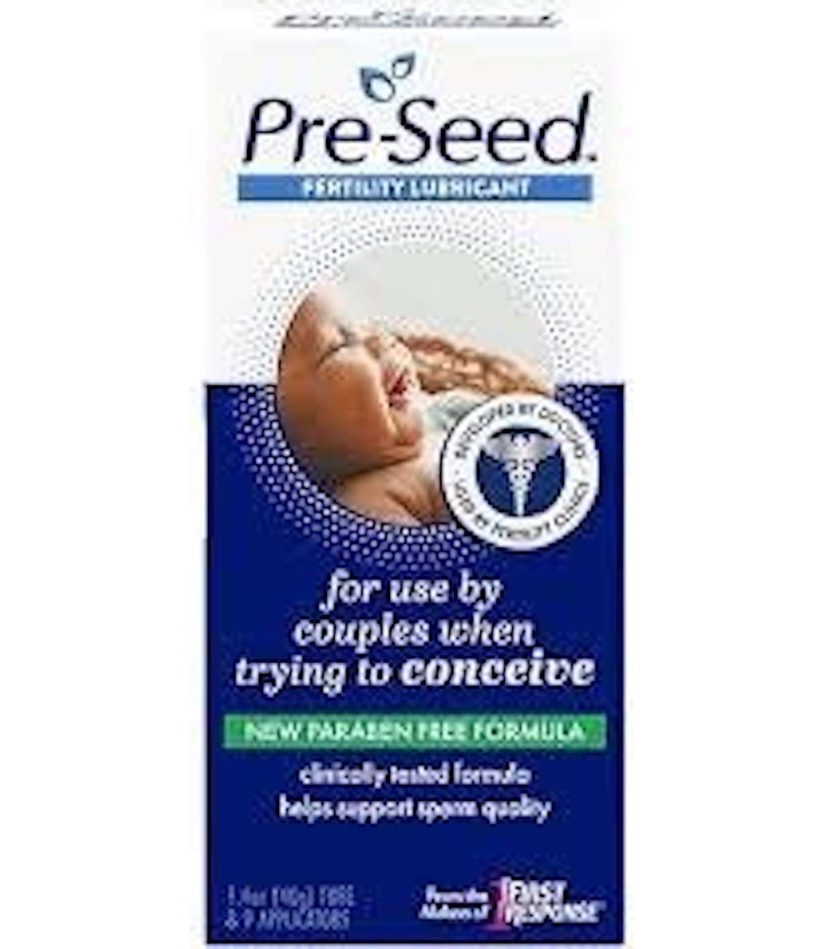 PRE SEED fertility friendly lubricant box with baby photo and label for couples trying to conceive