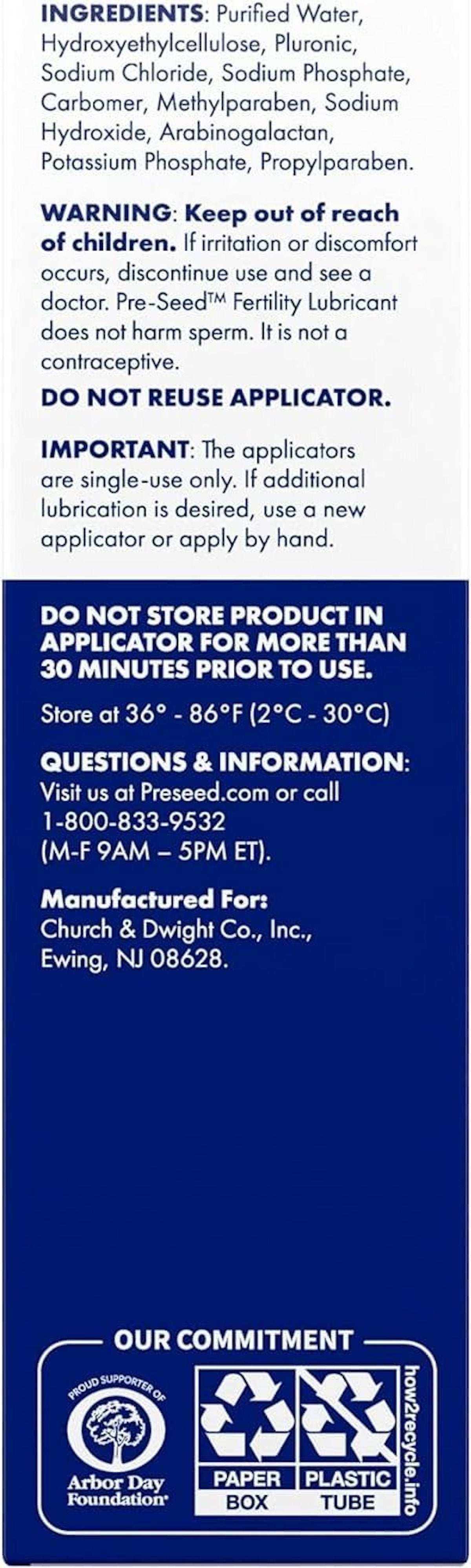 PRE SEED personal lubricant product label showing ingredients warnings storage instructions fertility friendly lubricant