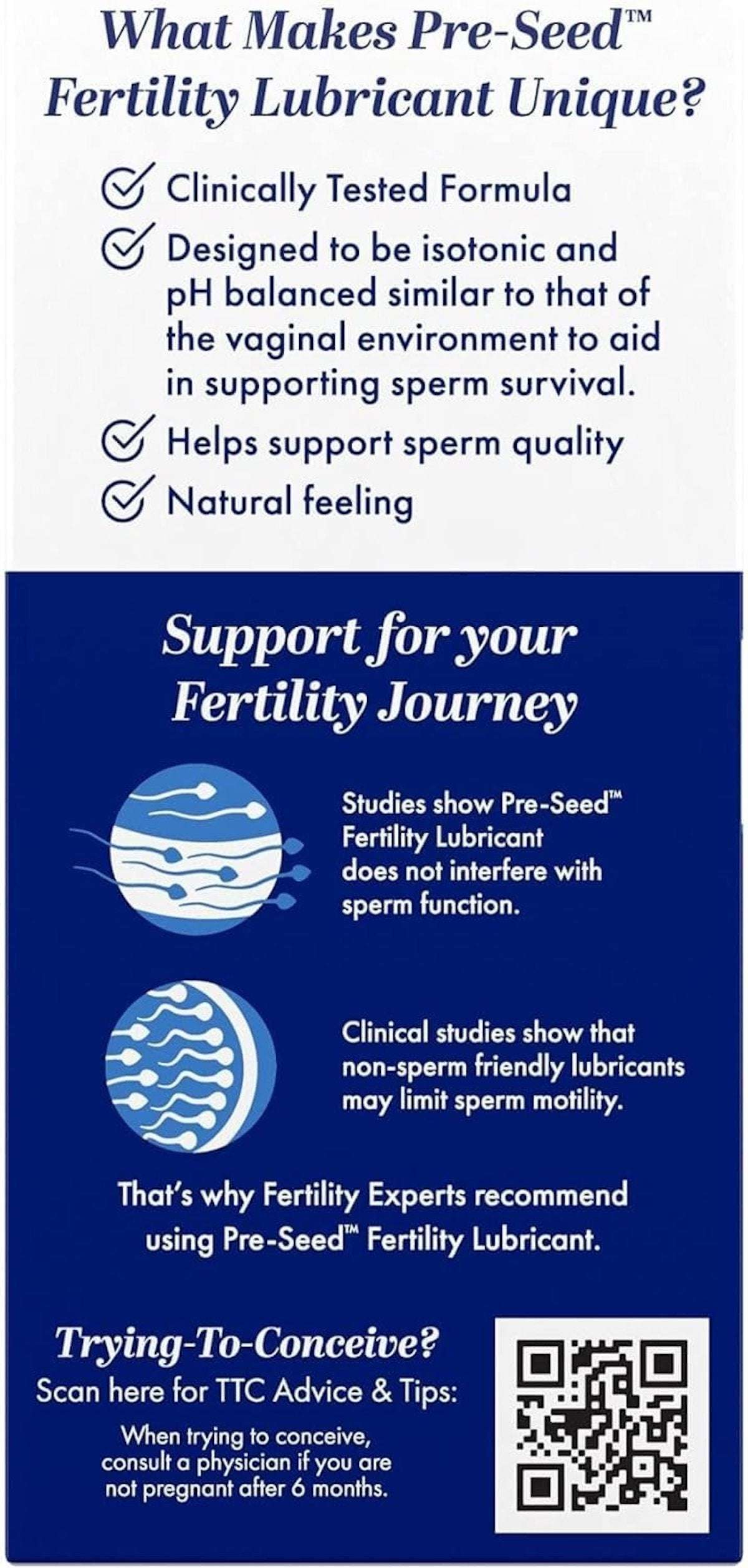 PRE SEED personal lubricant packaging listing benefits and studies for fertility friendly lubricant