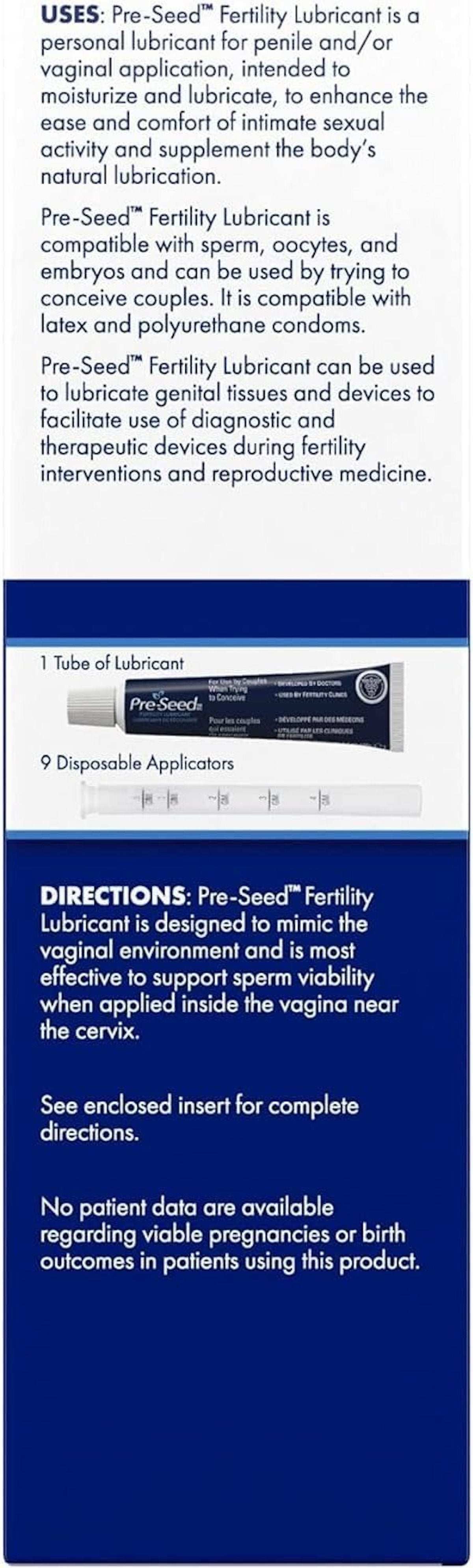 PRE SEED fertility friendly lubricant product label showing uses directions and tube with disposable applicators