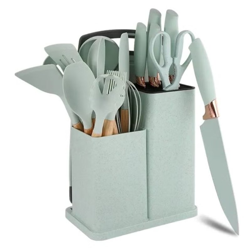 Premium 19-Piece Green Silicone Kitchen Utensil Set with Knife, Cutting Board - Mumzar.com